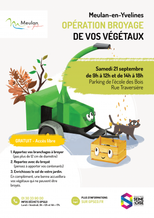 Affiche illustrant le broyage des déchets verts et indiquant les horaires et lieux de l'opération